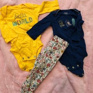 Two onesies and a pair of matching pants